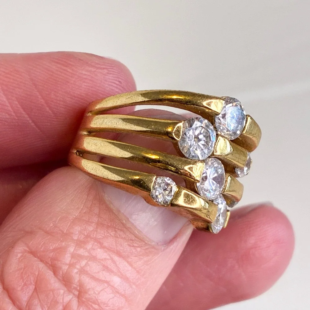 Vintage Ring Gold Tone Chunky Clear Stone Statement Multi Row Tiered Size 6.5